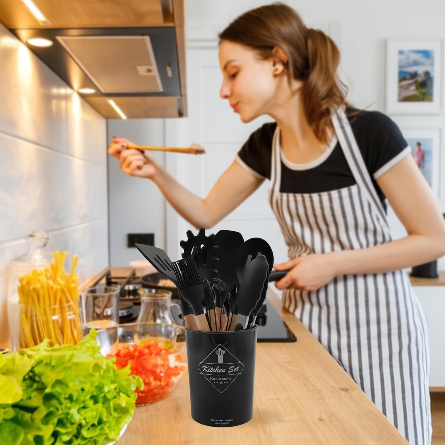 HandCare Premium 12-Pcs Silicone Utensils Set – Wooden Handles, Non-Stick Safe Kitchen Tools