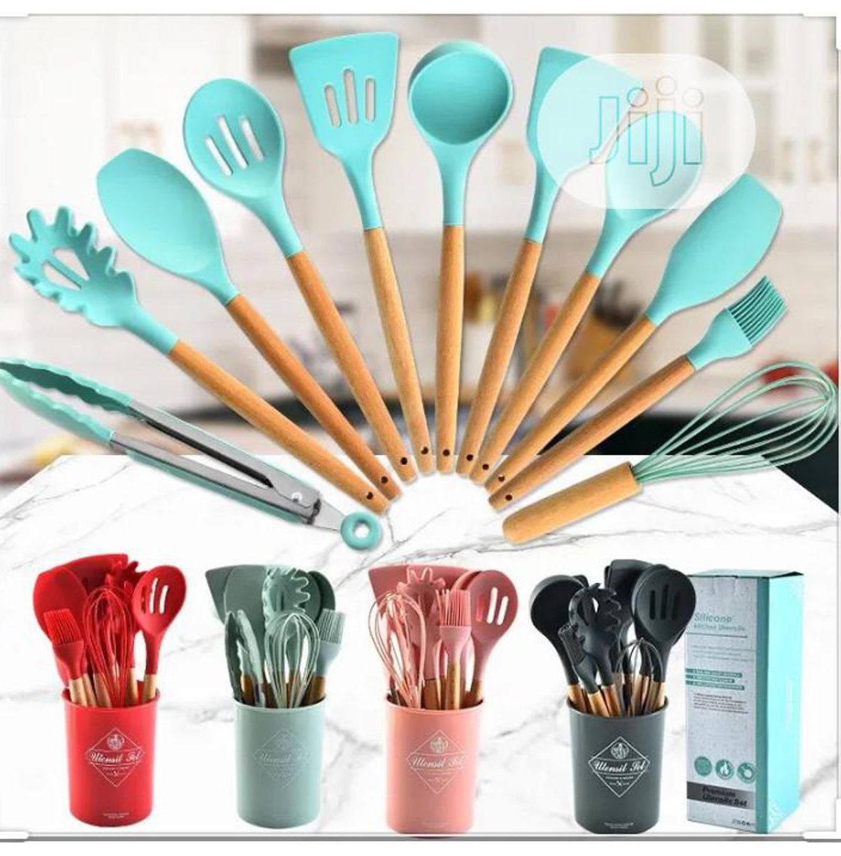 HandCare Premium 12-Pcs Silicone Utensils Set – Wooden Handles, Non-Stick Safe Kitchen Tools