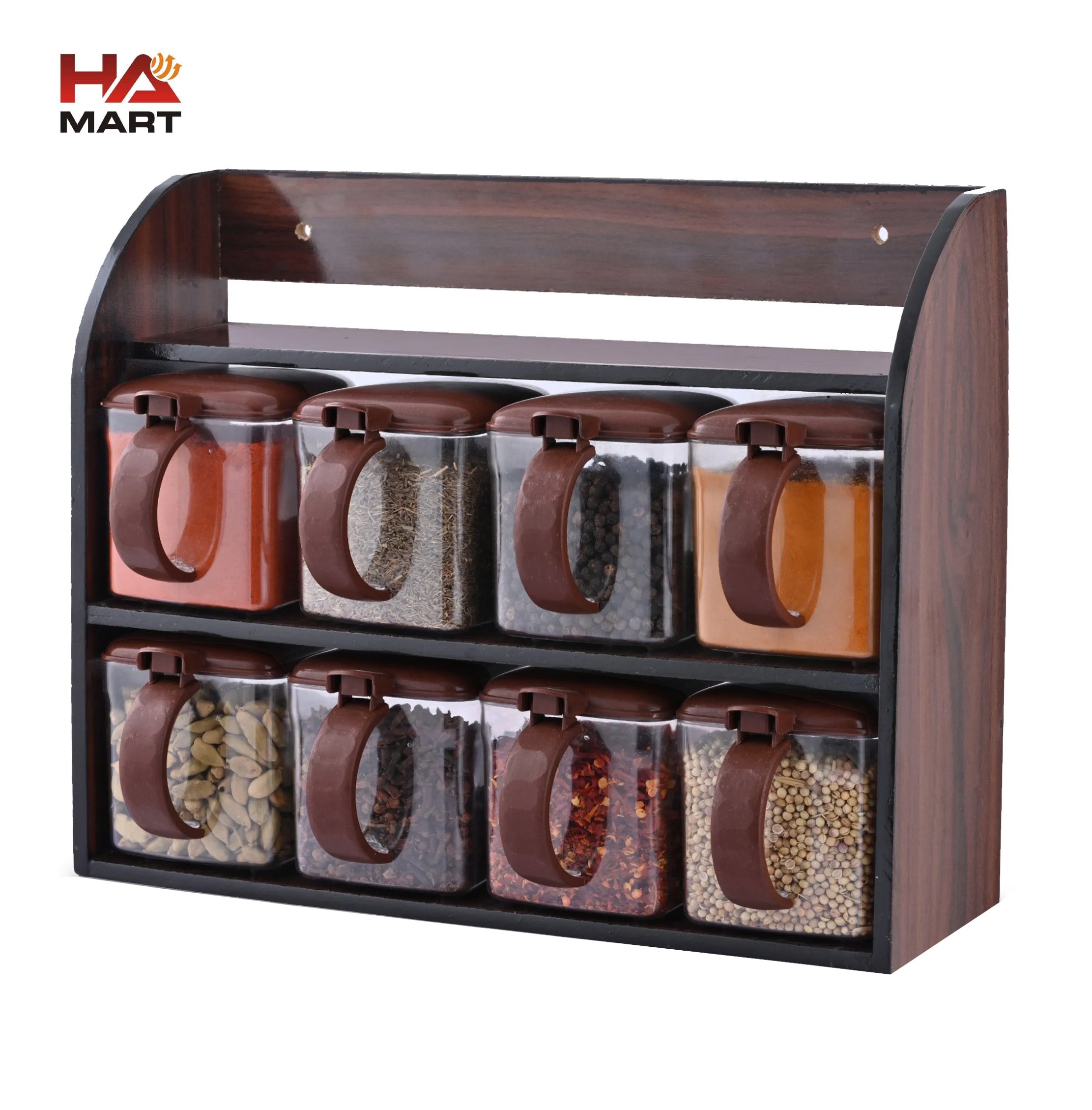 HandCare Wooden Spice Rack with 8 Crystal Plastic Jars | Kitchen Masala Rack & Storage Organizer