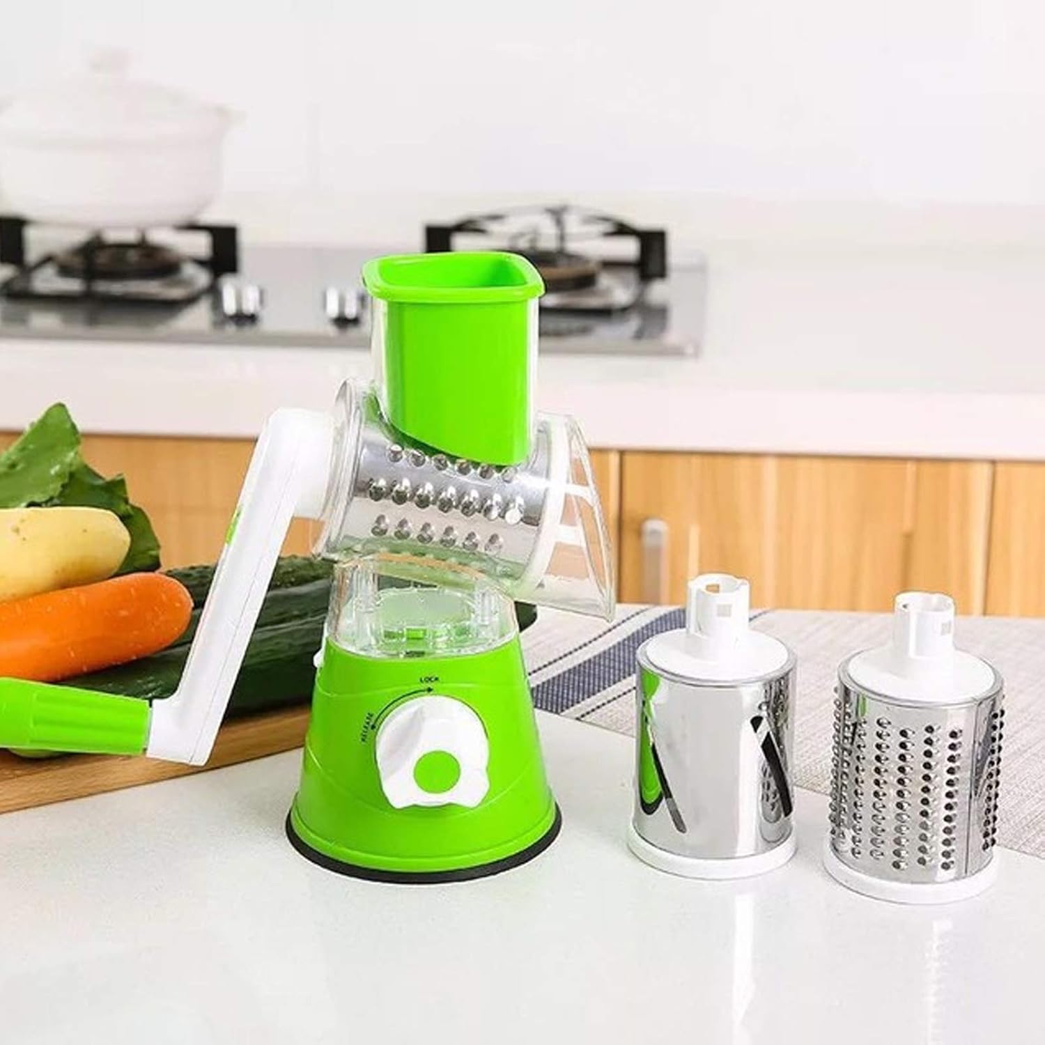 HandCare Rotary Drum Vegetable Chopper – Fast Hand Crank Grater & Slicer with Suction Base (Green)