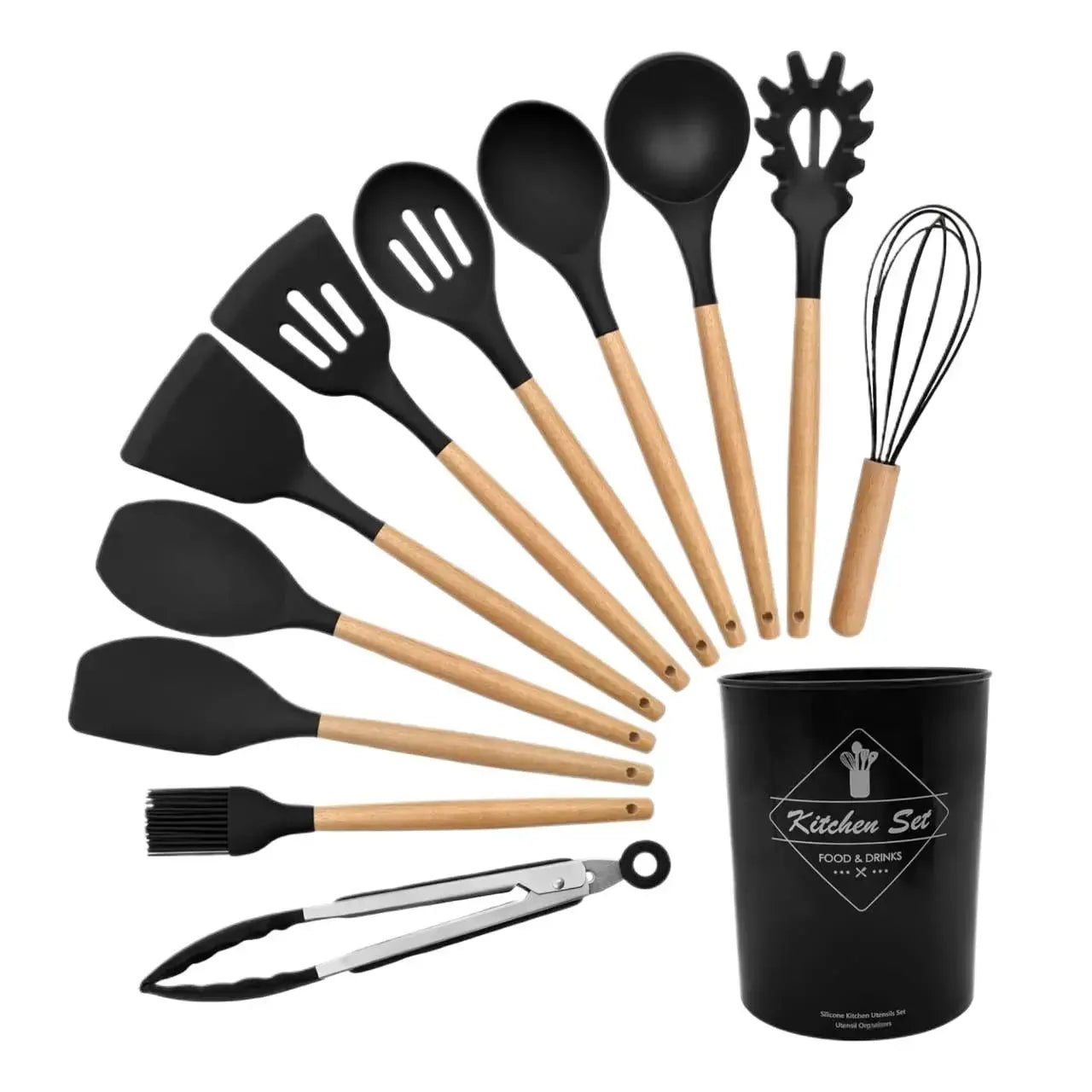 HandCare Premium 12-Pcs Silicone Utensils Set – Wooden Handles, Non-Stick Safe Kitchen Tools HandCare