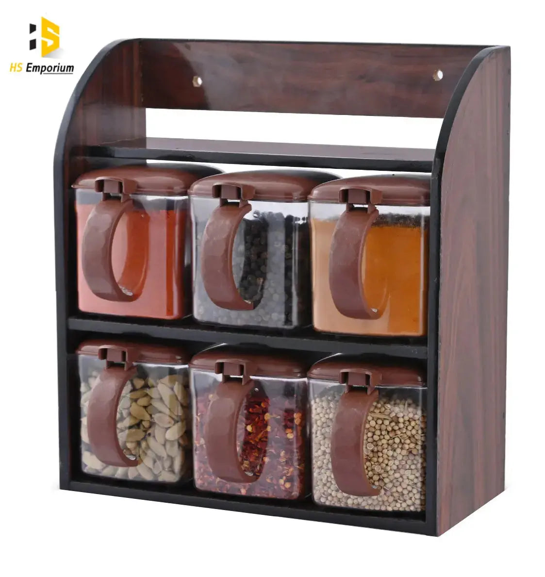 HandCare Wooden Spice Rack with 8 Crystal Plastic Jars | Kitchen Masala Rack & Storage Organizer HandCare