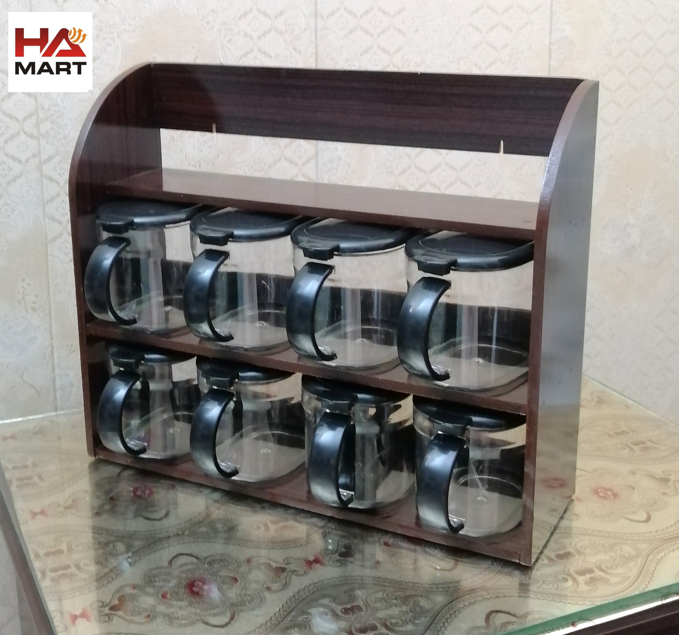 HandCare Wooden Spice Rack with 8 Crystal Plastic Jars | Kitchen Masala Rack & Storage Organizer