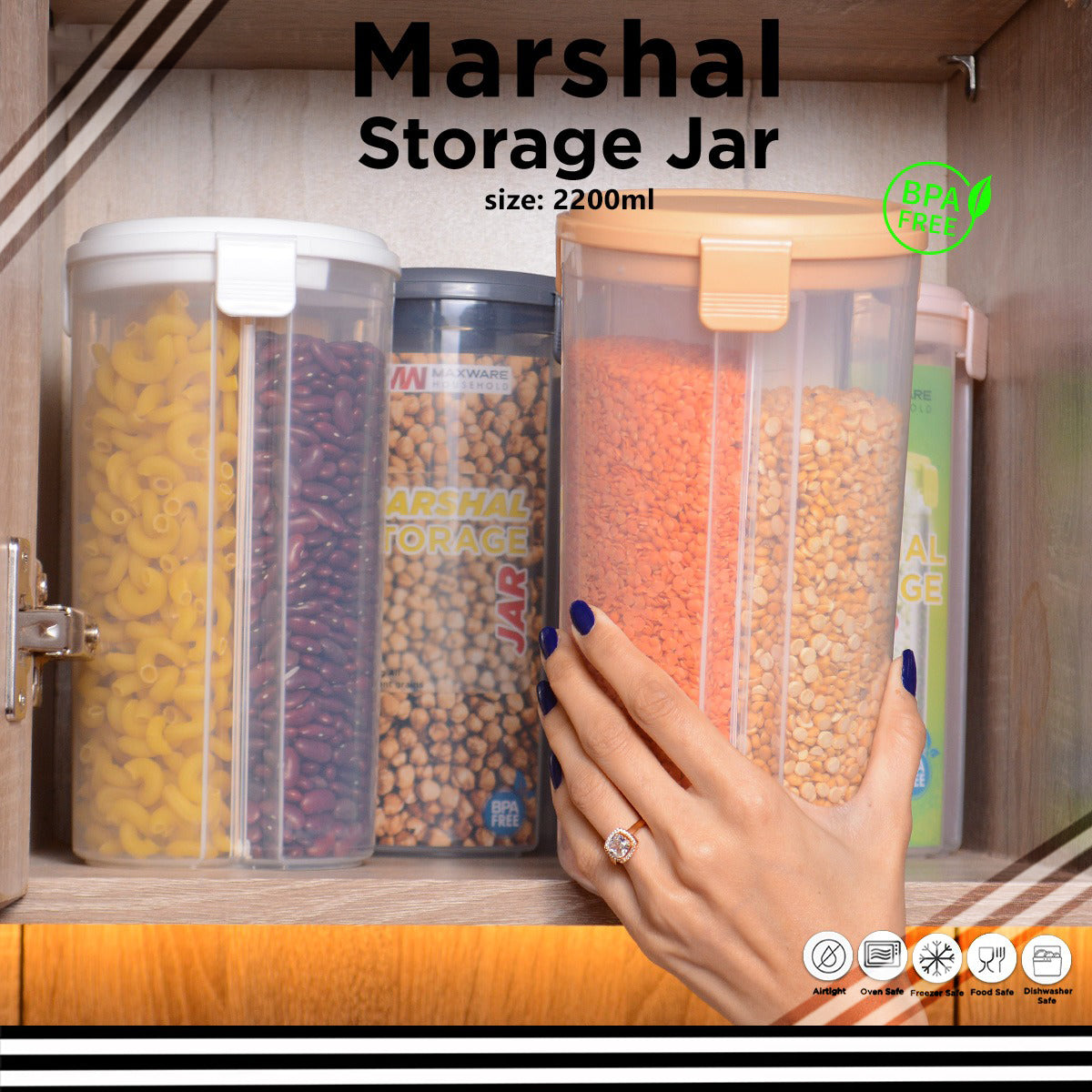 HandCare Airtight 3-Partition Storage Jar – Multi-Purpose Cereal, Spice & Dry Fruit Container